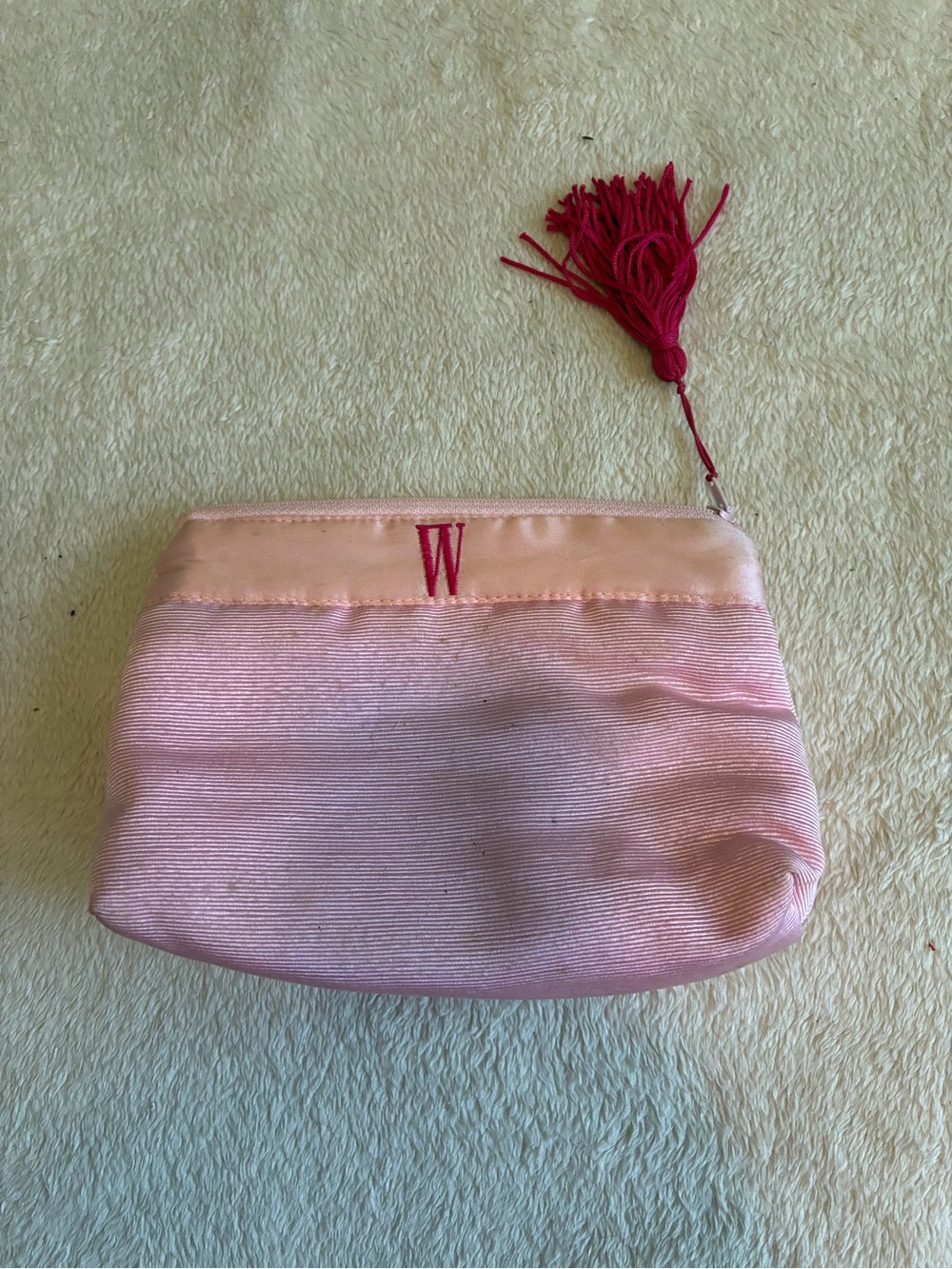 Monogram W Pink Satin Tassel Cosmetic Pouch